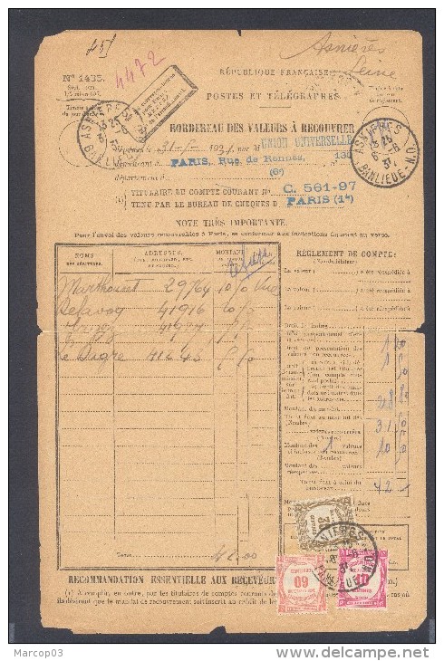 SEINE ASNIERES BANLIEU N O 06/06/1931 Bordereau De Recouvrement 1 Valeur Impayé Taxe 1 Frs  TTB - 1921-1960: Modern Tijdperk