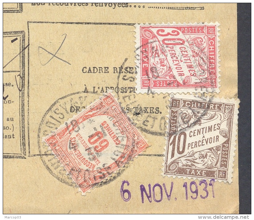 SEINE ET OISE SOISSY 04/11/1931 Bordereau De Recouvrement 1 Valeur Impayé Taxe 1 Frs  TTB - 1921-1960: Modern Period