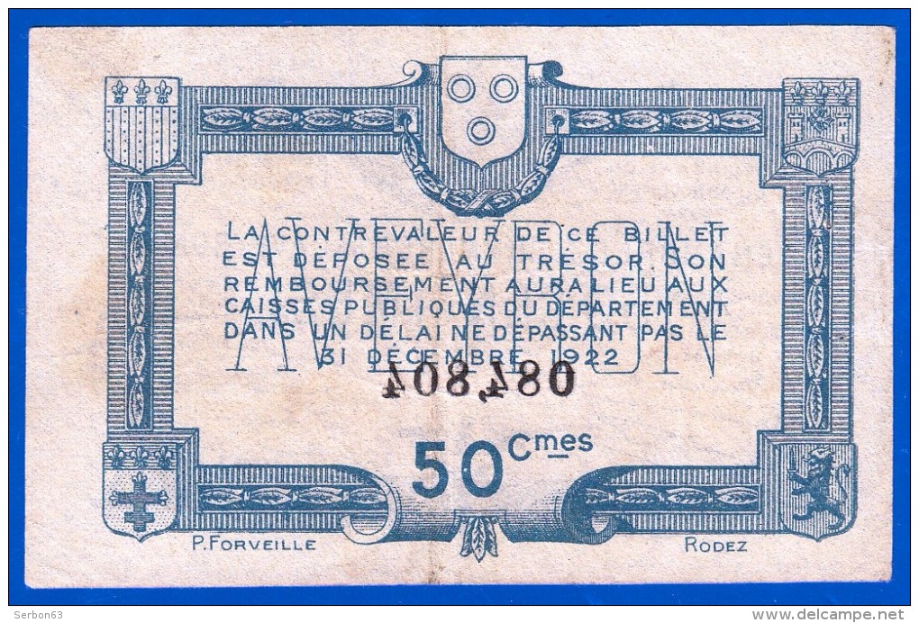 BON - BILLET - MONNAIE - 30 NOVEMBRE 1921 CHAMBRE DE COMMERCE 50 CENTIMES DE L'AVEYRON 12100  SERIE 5 N° 084,804 RODEZ M - Chamber Of Commerce