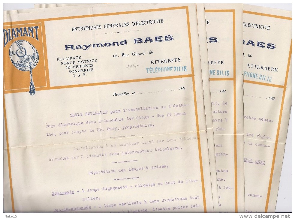 Raymond Baes - Etterbeek - Devis Estimatif 1925 - Électricité & Gaz