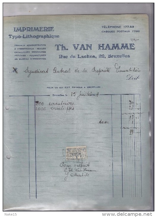 Imprimerie Th. Van Hamme - Bruxelles - 1924 - Imprenta & Papelería