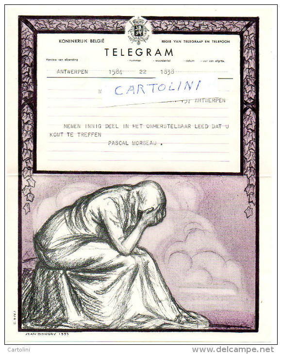 Telegram Telegramme Message Telegramm  + Enveloppe  Rouw Deuil Overlijden    Belgie Belgique Belgien Belgium - Obituary Notices