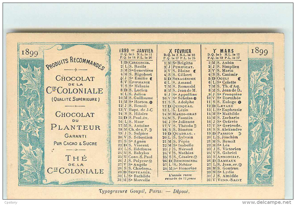 CALENDRIER TRIMESTRIEL De 1899 Par CHOCOLAT Du PLAN - REVES D´ENFANTS - CHROMO PUBLICITE - Small : ...-1900