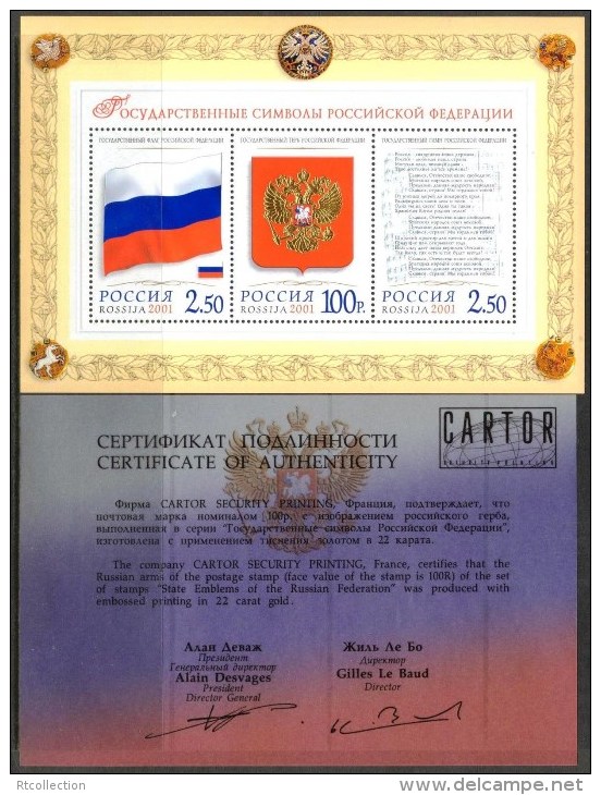 Russia 2001 State Emblems Flags Antherm Coat Of Arms Gold With Certificate S/S Collection Stamps Michel 913A-915A - Collections
