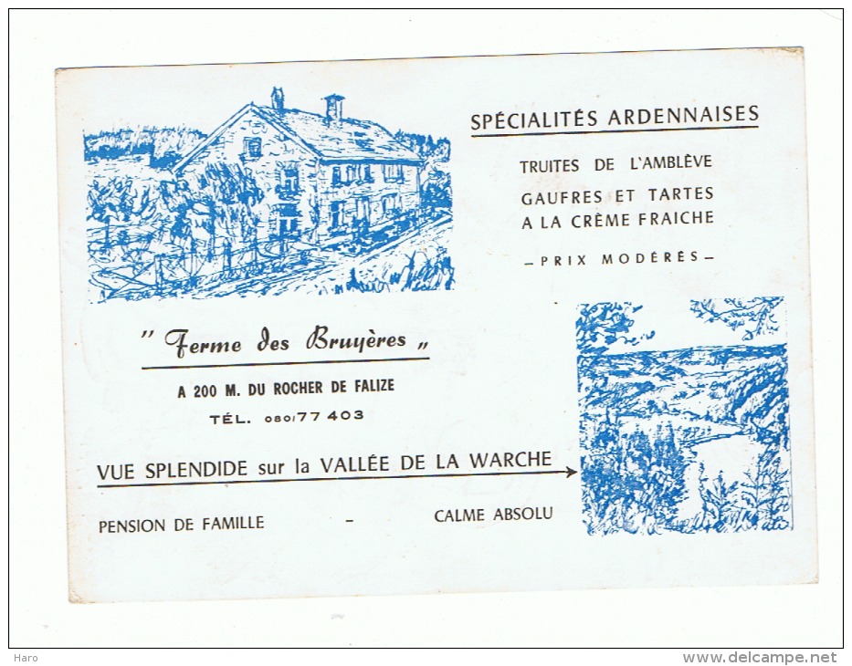 Carte De Visite (format Carte Postale ) " Ferme Des Bruyères" Falize - Malmedy - Plan Au Verso - Visitenkarten