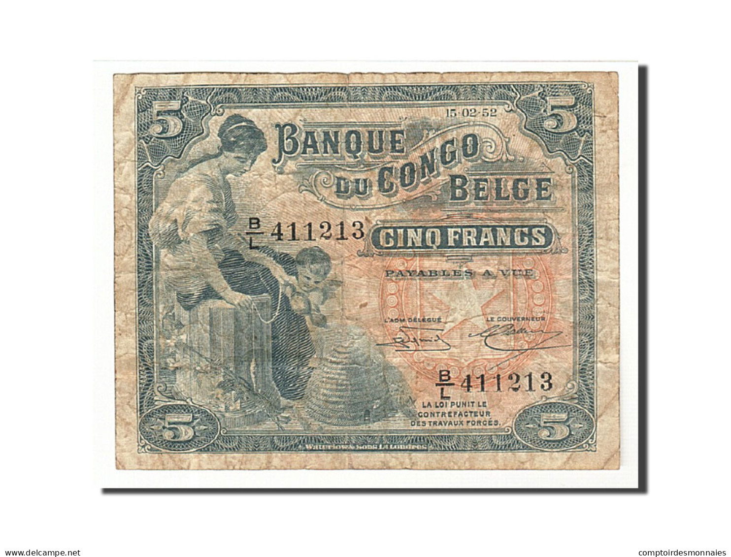 Billet, Congo Belge, 5 Francs, 1952, 1952-02-15, KM:13b, TB - Banco De Congo Belga