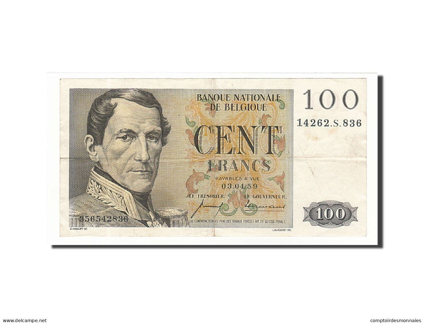 Billet, Belgique, 100 Francs, 1952-1959, 1959-04-03, KM:129c, TTB - 100 Francs