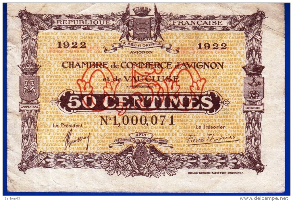 BON - BILLET - MONNAIE - 1922 CHAMBRE DE COMMERCE 50 CENTI AVIGNON 84000 VAUCLUSE 3 EMISSION N° 1000071 APT CARPENTRAS ? - Chambre De Commerce