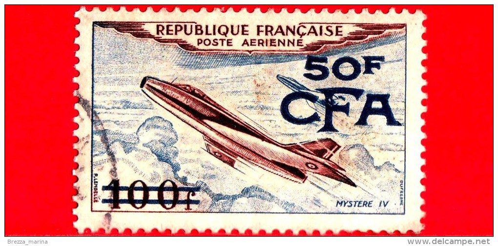 REUNION - Usato - 1954 - Mystère IV 100F - Sovrastampato 50 CFA  Su 100 - P. Aerea - Luchtpost