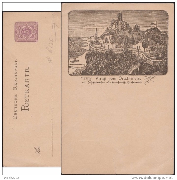 Allemagne 1889. Carte Entier Postal Timbré Sur Commande. Drachenfels, Rocher Du Dragon. Volcan, Rhin, Siegfried - Volcans