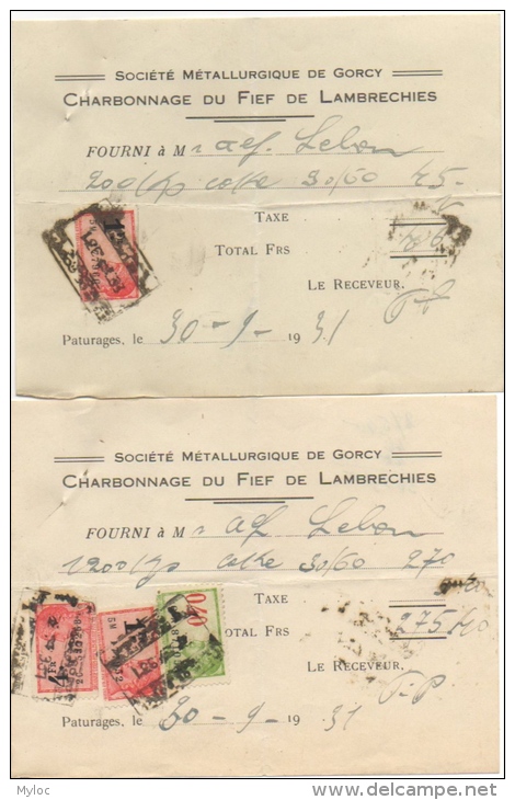Reçu. Société Métallurgique De Gorcy. Charbonnage Du Fief De Lamberchies. Timbre Taxe. 1931. Lot De 2. - 1900 – 1949
