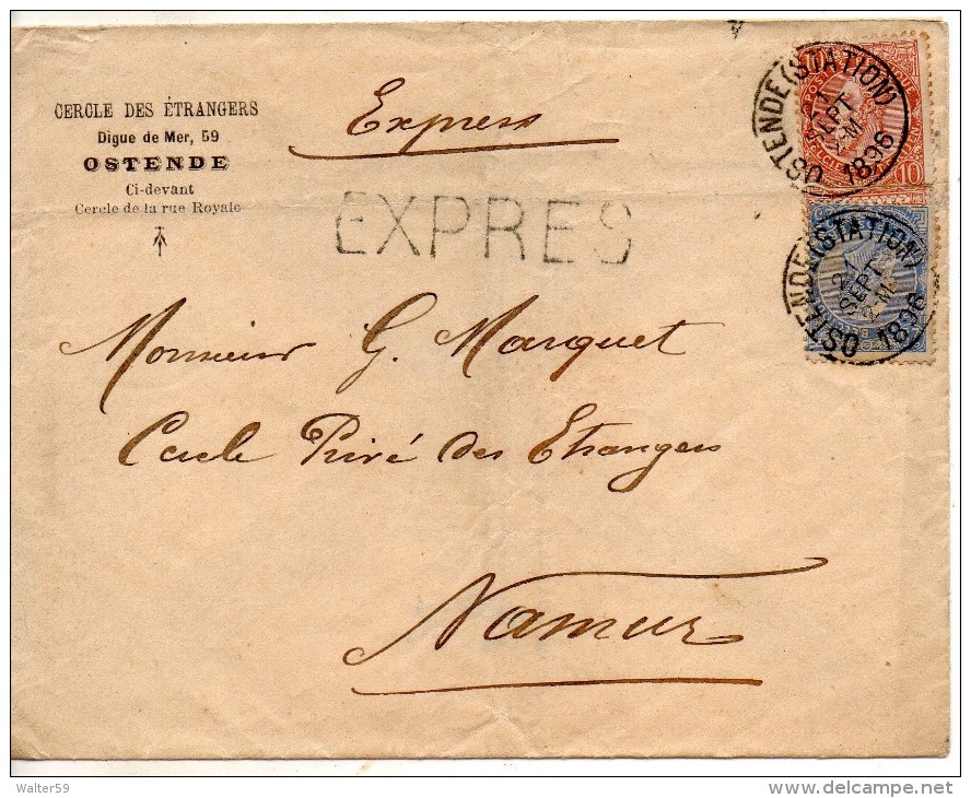 1896 Belgie Belgique Enveloppe Expres De Ostende Voyagee Pour La France - 1893-1900 Fine Barbe