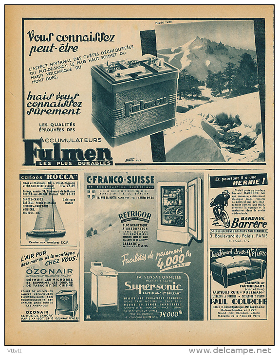 Ancienne Publicite (1952) : Batterie, Accumulateur FULMEN, Puy-de-Sancy, Mont-Dore, Canoës ROCCA... - Advertising