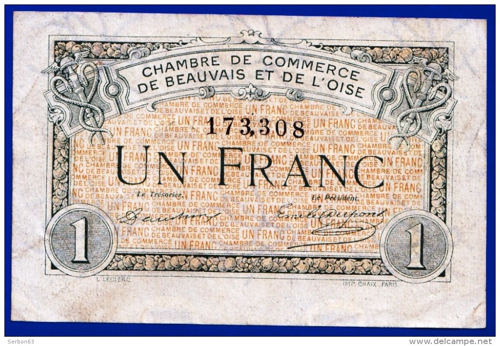 BON - BILLET - MONNAIE - 2/06/1920 CHAMBRE DE COMMERCE 1 FRANC BEAUVAIS 60000 OISE N° 173308 REMBOURSABLE 31/12/1925 - Chambre De Commerce