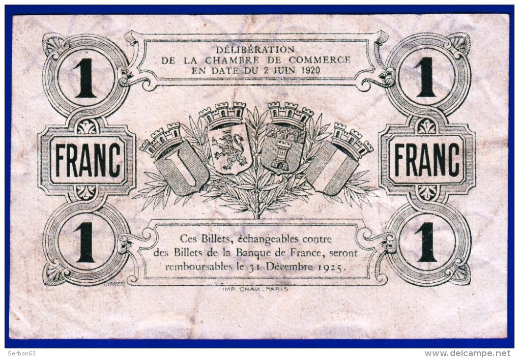 BON - BILLET - MONNAIE - 2/06/1920 CHAMBRE DE COMMERCE 1 FRANC BEAUVAIS 60000 OISE N° 173308 REMBOURSABLE 31/12/1925 - Chambre De Commerce