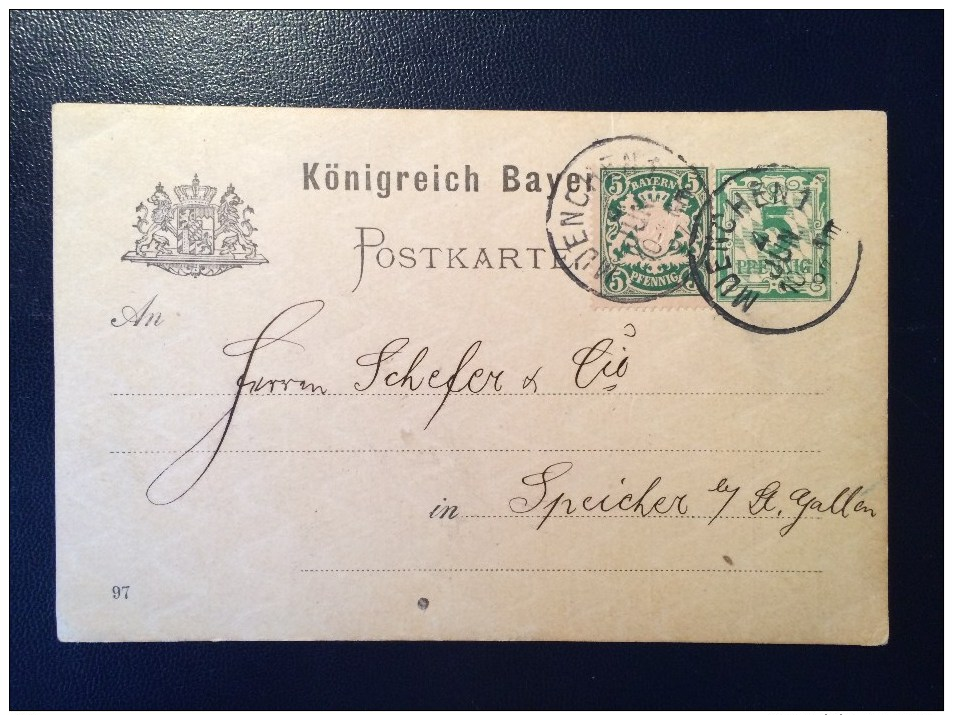 BAYERN / KÖNIGREICH  / MUENCHEN /  Postkarte / 1897 / FOR SUISSE / SCHWEIZ / SPEICHER ST GALLEN / - Autres & Non Classés