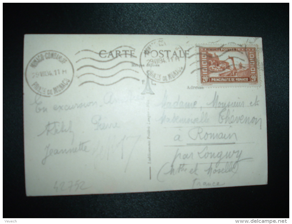 CP Pour La FRANCE TP 20c OBL.MEC.29 VIII 34 MONACO-CONDAMINE - Storia Postale