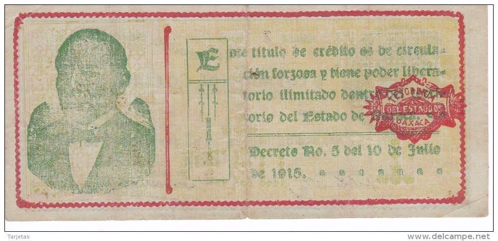 BILLETE DE MEXICO DE 1 PESO DEL ESTADO DE OAXACA DEL 24 DE SEPTIEMBRE DE 1915   (BANKNOTE) RARO - México