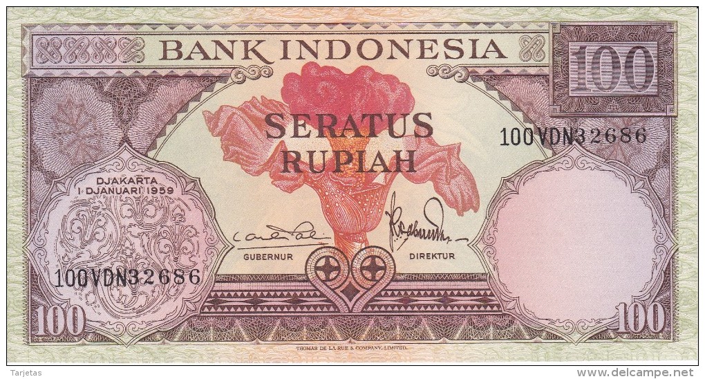 BILLETE DE INDONESIA DE 100 RUPIAH AÑO 1959 (FLOR-FLOWER-PAJARO-BIRD) (BANKNOTE) SIN CIRCULAR-UNCIRCULATED - Indonesia