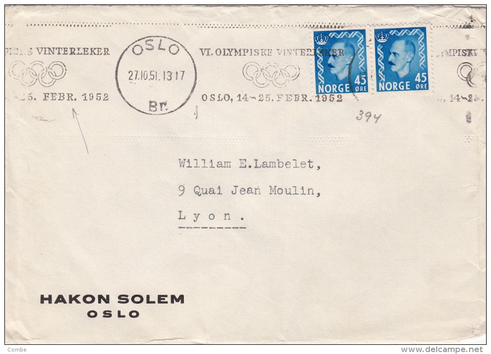 1952 LETTRE. NORVEGE. NORWAY COVER. . OSLO-LYON. VI OLYMPISKE VINTERLEKER  / 324 - Lettres & Documents
