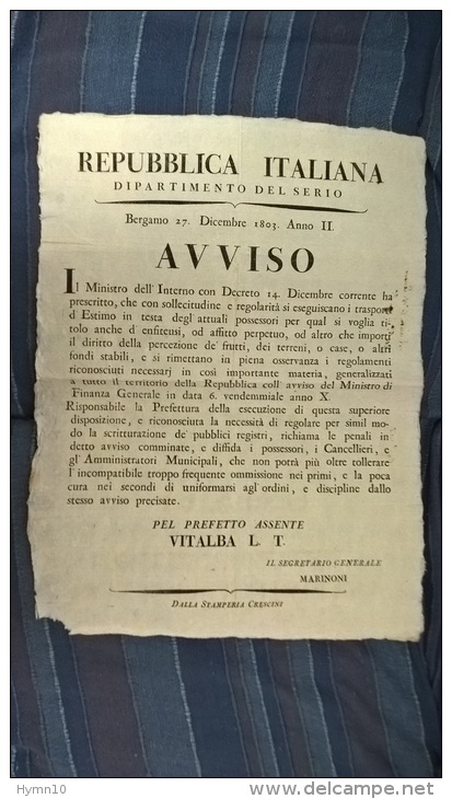 1803 REP.ITALIANA NAPOLEONICA MANIFESTO BERGAMO Dipartimento SERIO REP.ITALIANA AVVISO PREFETTO Su TRASPORTI ESTIMI-e502 - Plakate