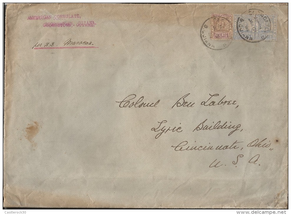 E)1912 BRITISH GUIANA,BOAT, POSTAGE & REVENUE STAMPS, STRIP OF 3,  CIRCULATED COVER TO USA, XF - British Guiana (...-1966)