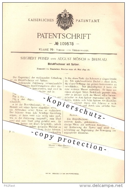 Original Patent - S. Peiser , A.. Mönch / Breslau 1899 , Bleistiftschoner Mit Spitzer , Bleistift , Stift , Schreibwaren - Historische Dokumente