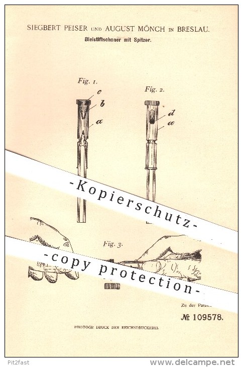 Original Patent - S. Peiser , A.. Mönch / Breslau 1899 , Bleistiftschoner Mit Spitzer , Bleistift , Stift , Schreibwaren - Historische Dokumente