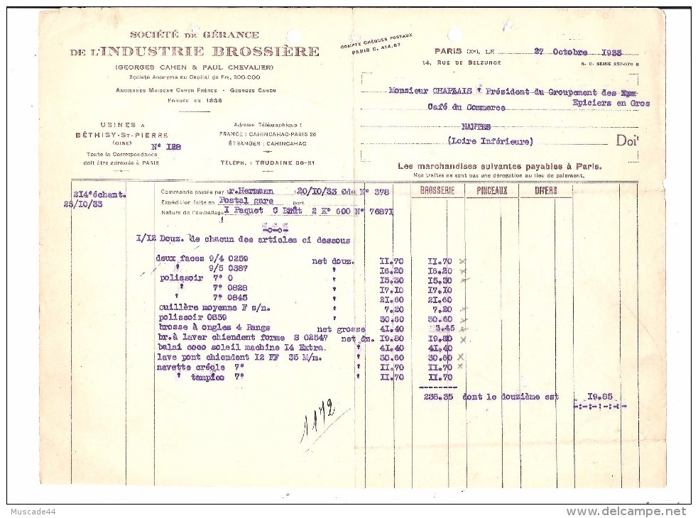 INDUSTRIE BROSSIERE BETHISY ST PIERRE - FACTURE CHAPLAIS PONTCHATEAU - 1900 – 1949