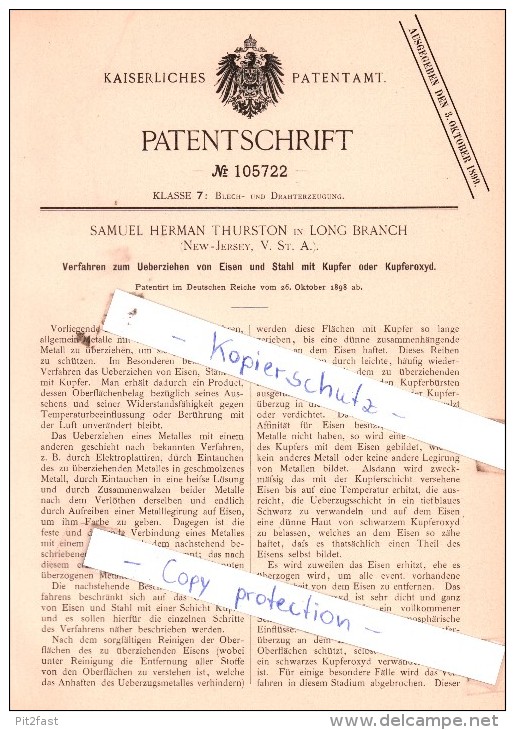 Original Patent  - Samuel Herman Thurston In Long Branch , 1898 , Ueberziehen Von Eisen !!! - Sonstige & Ohne Zuordnung