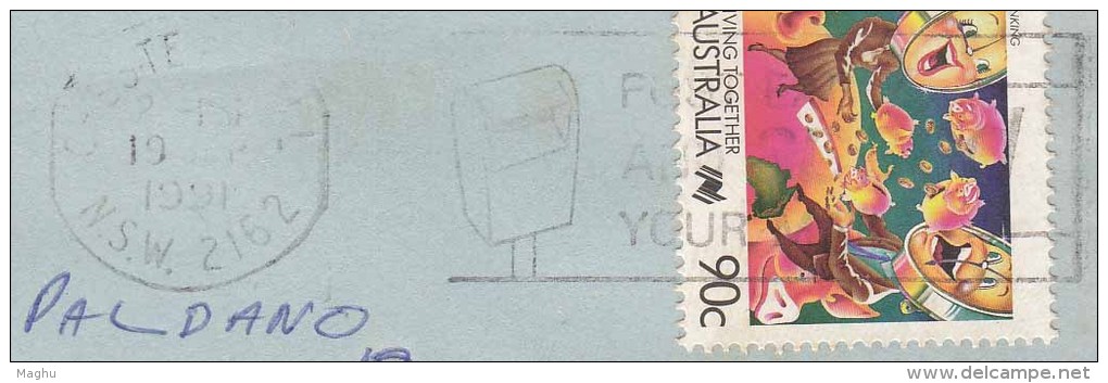 Aurtralia Used  Airmail, 90c Banking, Cartoon, Art, Pig Animal, Map, Slogan Pillar Box, Letter Box, - Brieven En Documenten