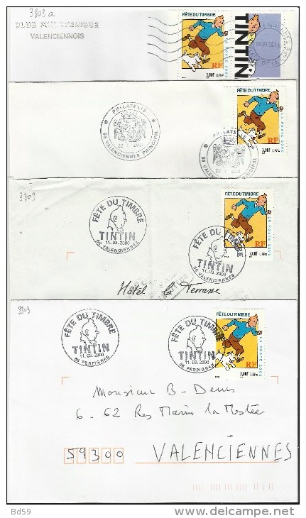 ANNEE 2000 TINTIN N° 3303 (dont Un Avec Vignette De Carnet) 4 Enveloppes - 2 Scans - Lettres & Documents