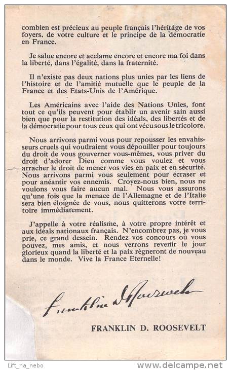 WWII WW2 Propaganda Leaflet Tract F.140  Message Du President Roosevelt Au Peuple Francais  FREE SHIPPING WORLDWIDE - Unclassified