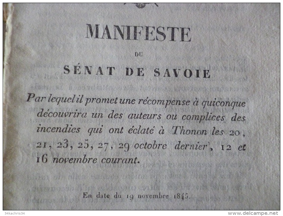 Manifeste Du Sénat De Savoie 19/11/1845 Récompense à Qui Découvrira Les Auteurs Et Complices Incendies De Thonon - Gesetze & Erlasse