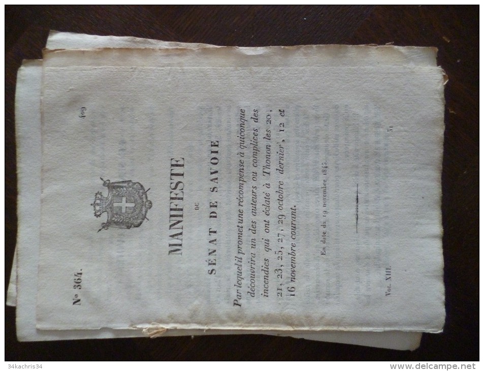 Manifeste Du Sénat De Savoie 19/11/1845 Récompense à Qui Découvrira Les Auteurs Et Complices Incendies De Thonon - Décrets & Lois