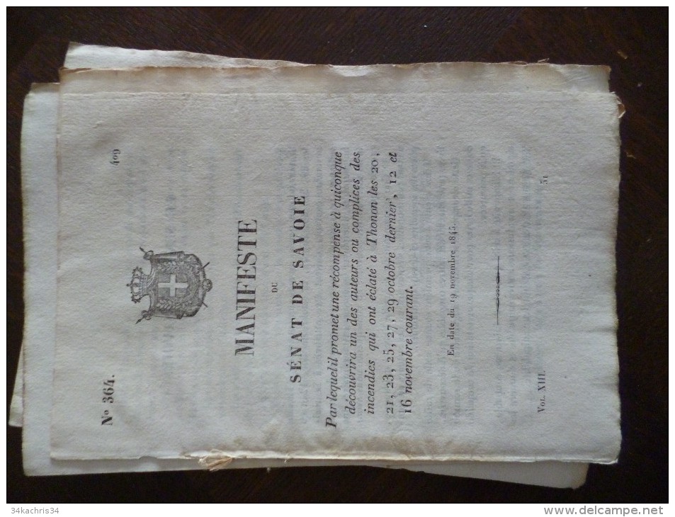 Manifeste Du Sénat De Savoie 19/11/1845 Récompense à Qui Découvrira Les Auteurs Et Complices Incendies De Thonon - Gesetze & Erlasse