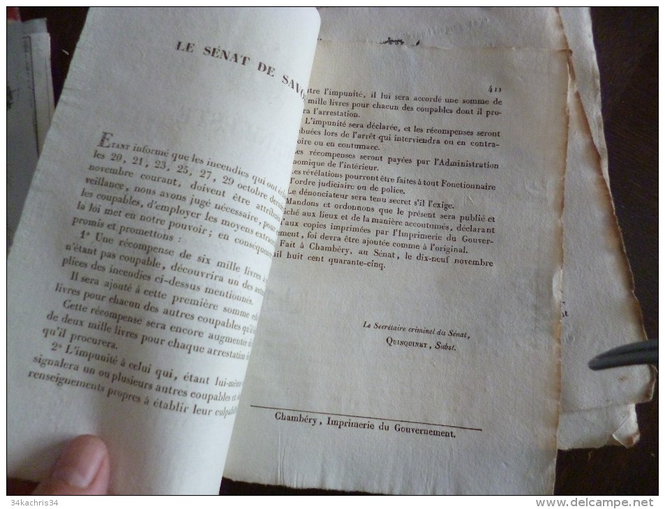 Manifeste Du Sénat De Savoie 19/11/1845 Récompense à Qui Découvrira Les Auteurs Et Complices Incendies De Thonon - Gesetze & Erlasse