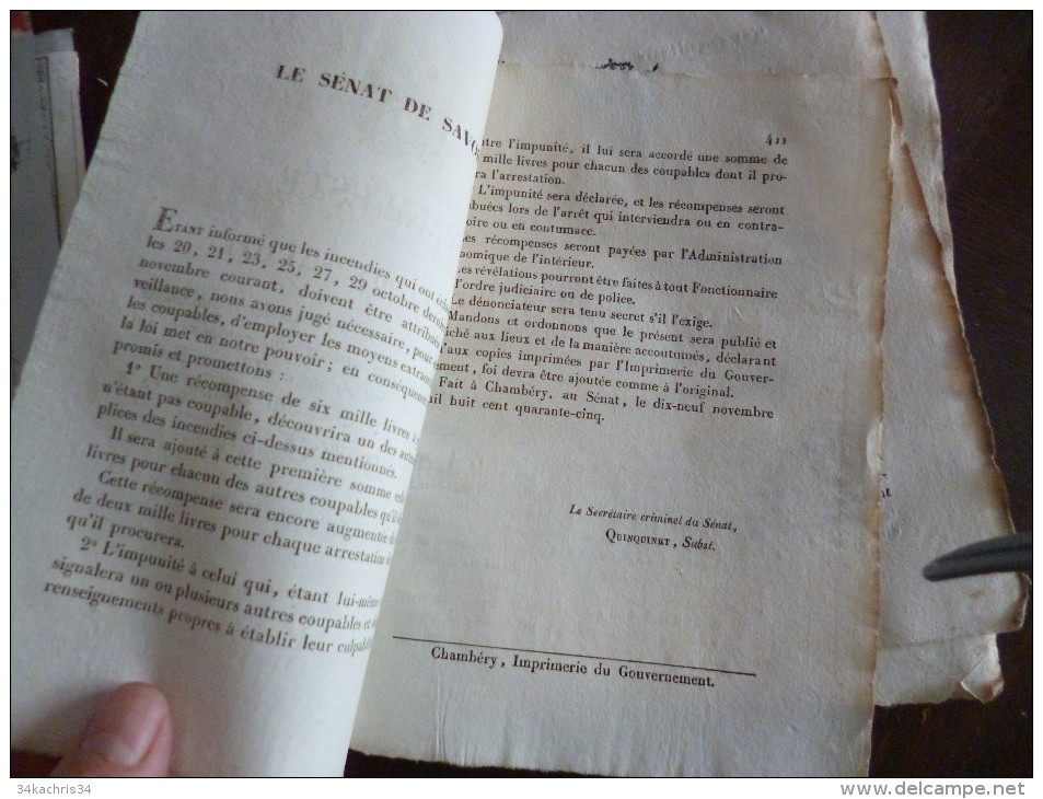 Manifeste Du Sénat De Savoie 19/11/1845 Récompense à Qui Découvrira Les Auteurs Et Complices Incendies De Thonon - Décrets & Lois