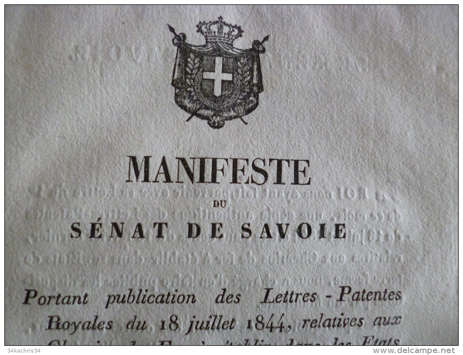 Manifeste Du Sénat De Savoie N°331. 7/03/1845. Chemins De Fer Dans Les états De Terre Ferme - Wetten & Decreten