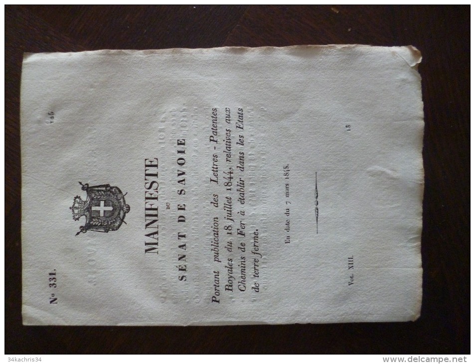 Manifeste Du Sénat De Savoie N°331. 7/03/1845. Chemins De Fer Dans Les états De Terre Ferme - Decreti & Leggi