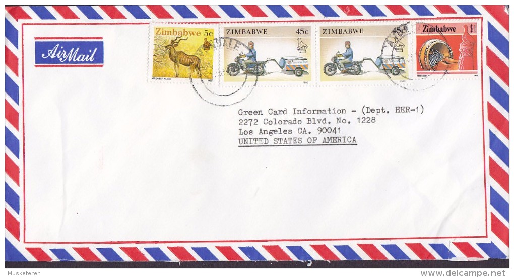 Zimbabwe Airmail AVONSALE 1994 Cover Brief United States $1 Mbira Instrument 45 C. Transport Motorrad 5 C. Greater Kudu - Zimbabwe (1980-...)