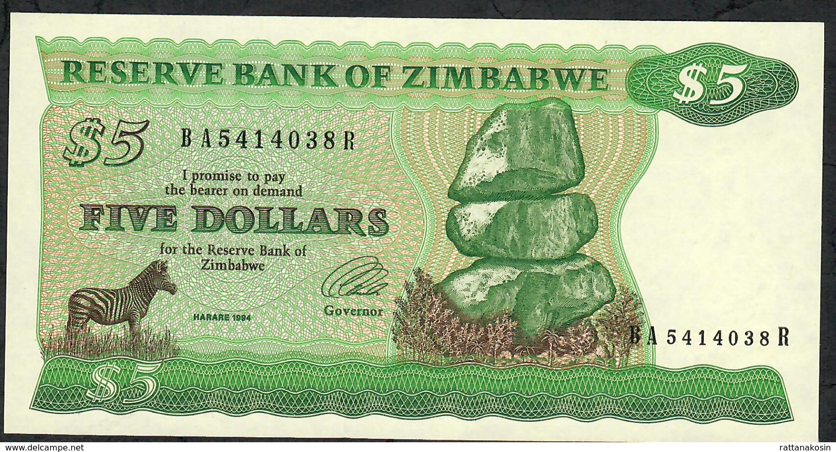 ZIMBABWE P2e 5 DOLLARS 1994 #BA/R    Type  B Signature 3  RARE WATERMARK * UNC. - Zimbabwe