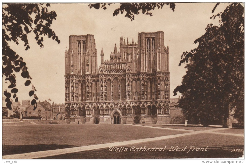 Vintage Sepia Postcard Wells Cathedral West Front Somerset Francis Frith - Wells