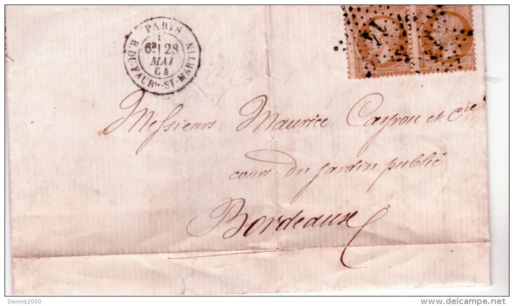 1864- Lettre De PARIS / R. DU FAUBg-St-MARTIN  Affr. Paire N°21 Oblit. étoile 14 - 1849-1876: Période Classique