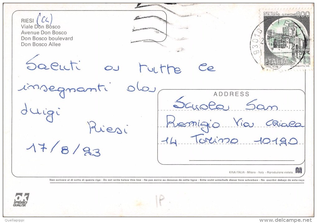 03825 "(CL) SALUTI DA RIESI - VIALE DON BOSCO" ANIMATA, AUTO ´80, DISTRIBUTORE IP.  CART. SPED. 1993 - Caltanissetta