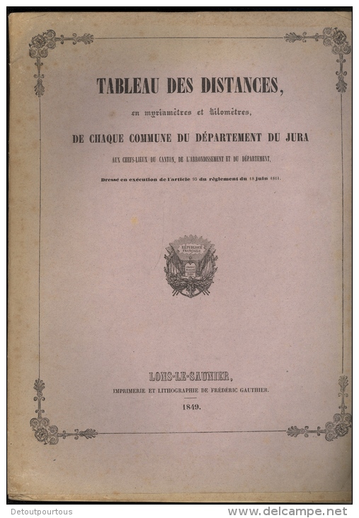 JURA 1849 : Tableau Des Distances De Chaque Commune Du Département Du Jura Imp. F Gauthier LONS LE SAUNIER 1849 - Franche-Comté