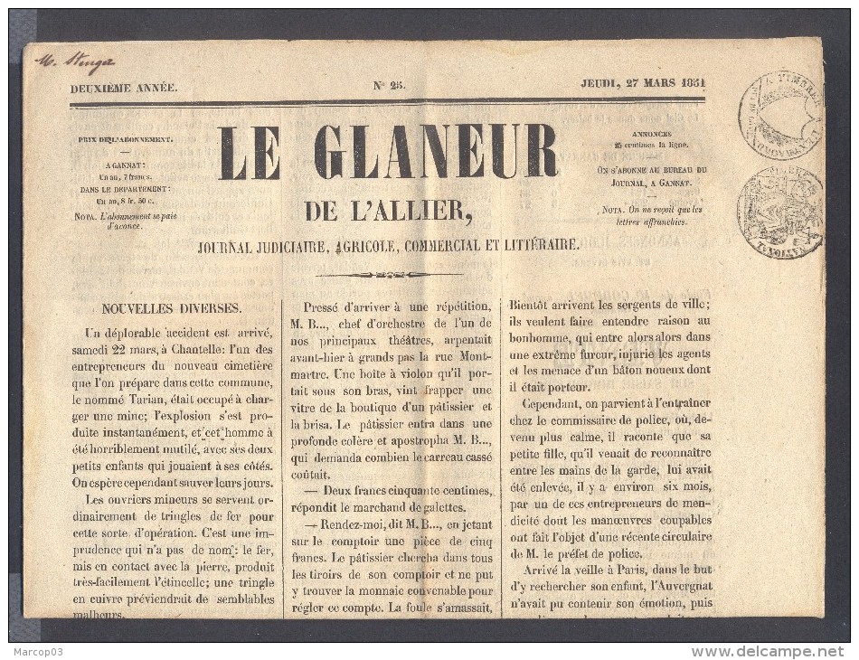 JOURNAL LE GLANEUR DE L´ALLIER Complet Du 27 Mars 1851 Timbre Humide 2 C Noir + Griffe Puy De Dôme (fiscal/postal) TTB - 1849-1876: Période Classique