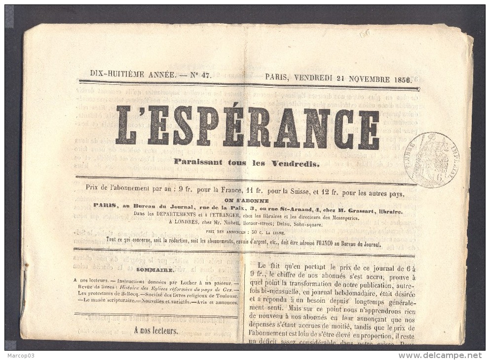 JOURNAL L´ESPERANCE Complet Du 21 Novembre 1856 Timbre Humide 6 C Noir  SEINE(fiscal) SUP - 1849-1876: Période Classique