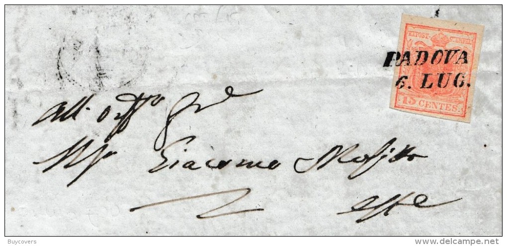 LV230 - LOMBARDO VENETO - Lettera Del 6 Luglio 1852-  Da Padova Ad Este Con 15 Cent. Rosso  2° Tipo - - Lombardo-Veneto