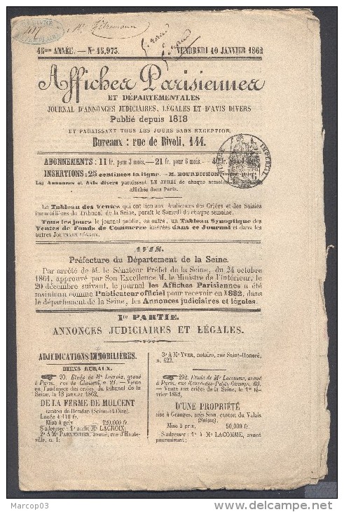 JOURNAL AFFICHES PARISIENNES Complet Du 10 Janvier 1862 Timbre Humide 6 C Noir  SEINE(fiscal)+ Légalisation SUP - 1849-1876: Periodo Classico